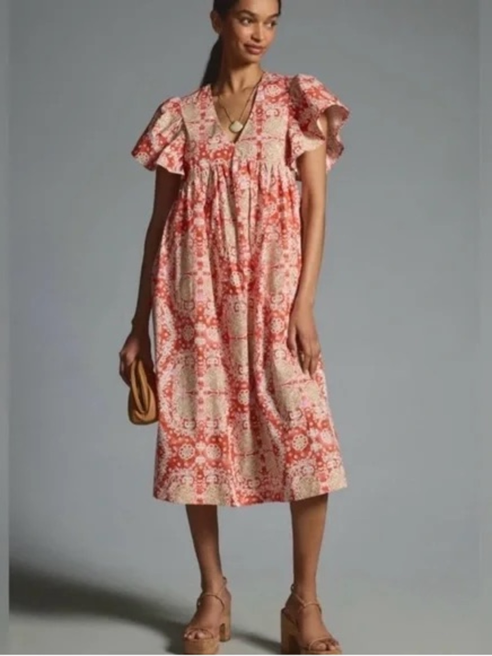 MAEVE Printed Orange Flutter Sleeve Babydoll Maxi Dress Size XS